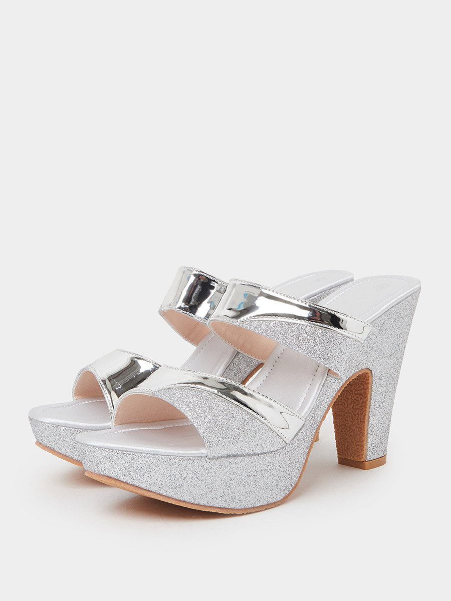 Silver Glitter Look Block Heel Mules