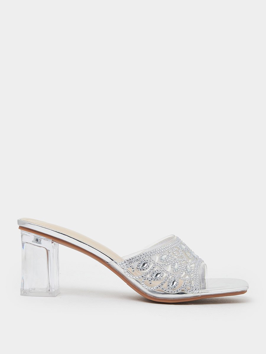 Silver Cut-Out Rhinestone Block Heel Mules