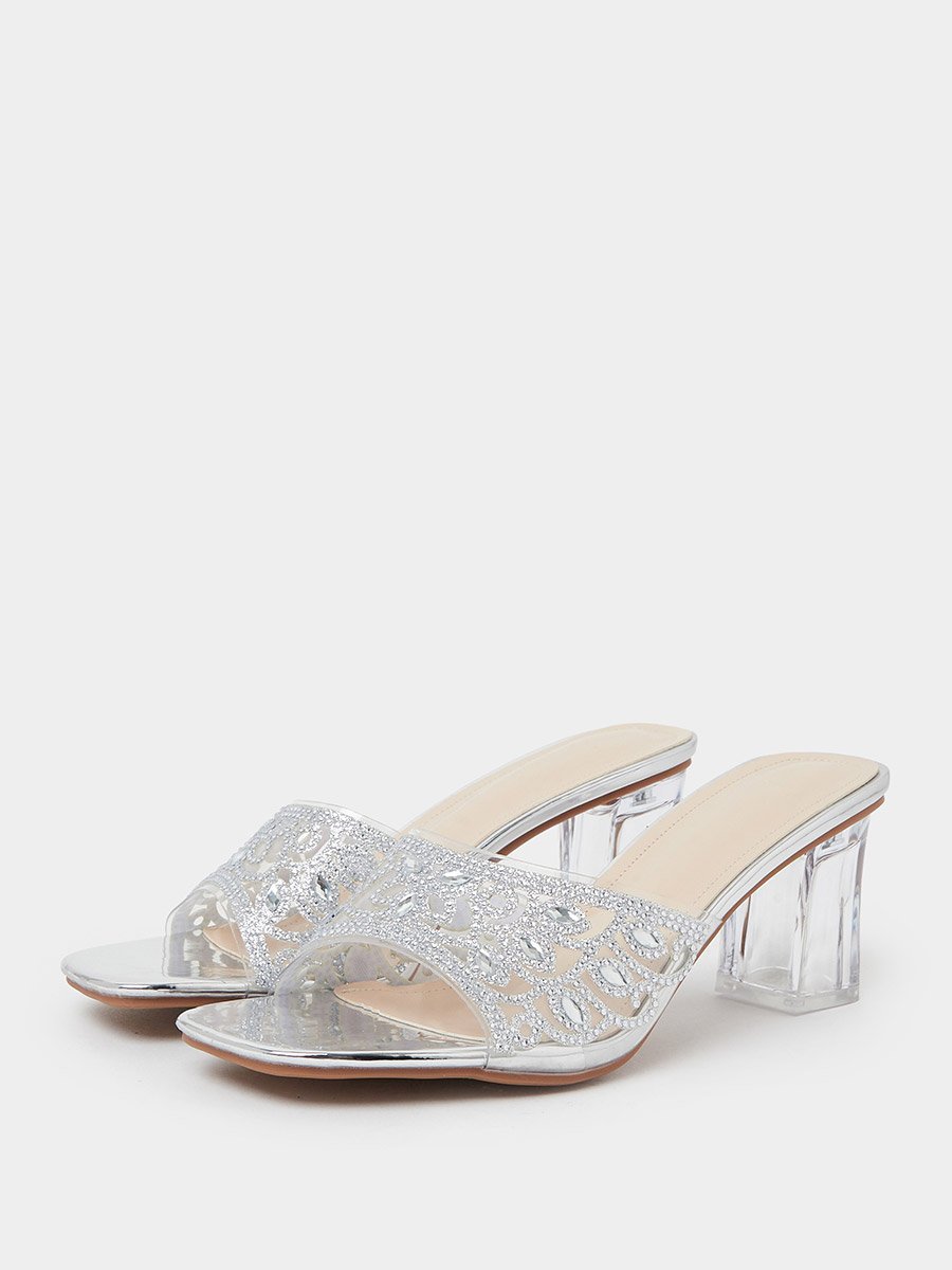Silver Cut-Out Rhinestone Block Heel Mules