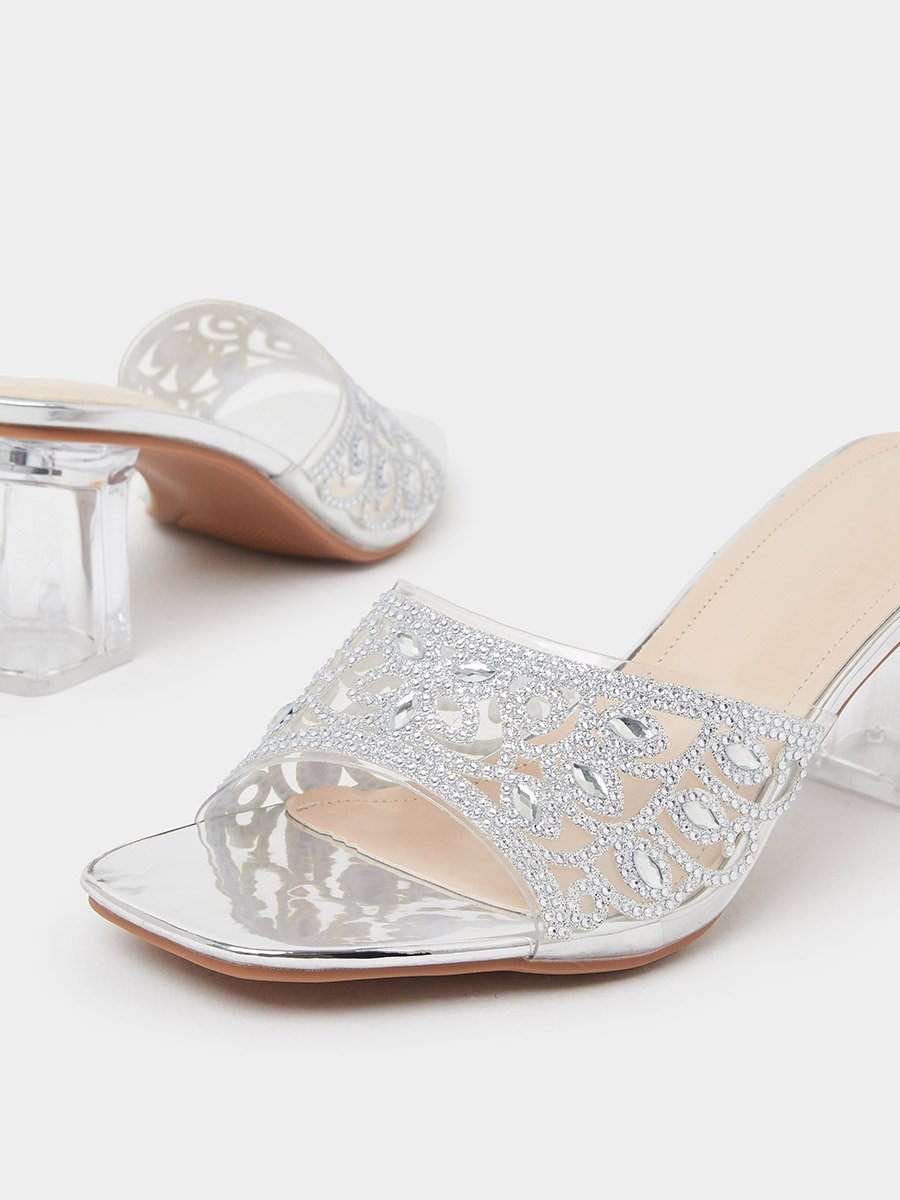 Silver Cut-Out Rhinestone Block Heel Mules