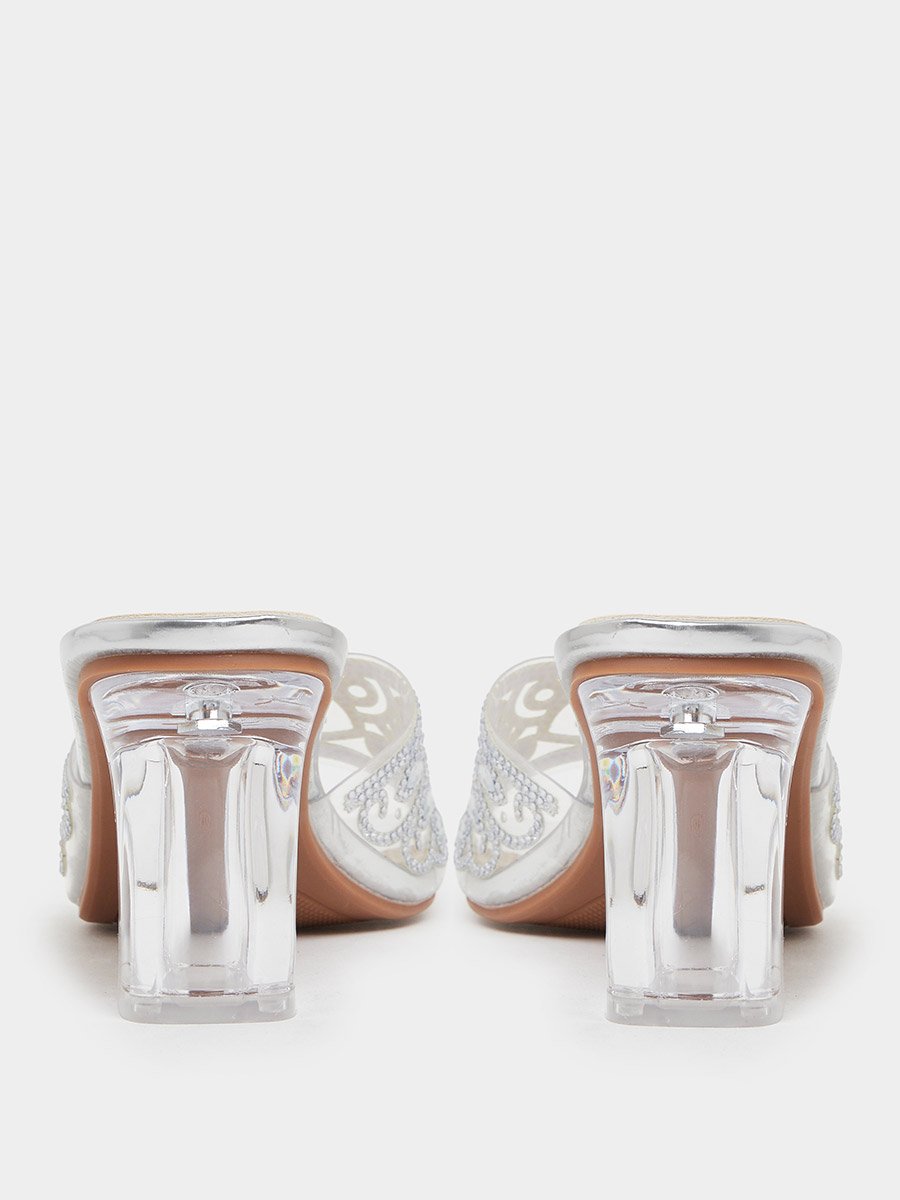 Silver Cut-Out Rhinestone Block Heel Mules