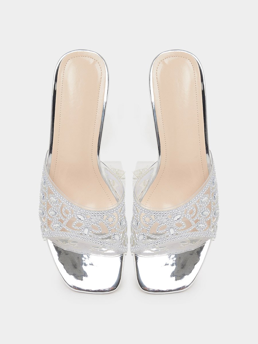 Silver Cut-Out Rhinestone Block Heel Mules