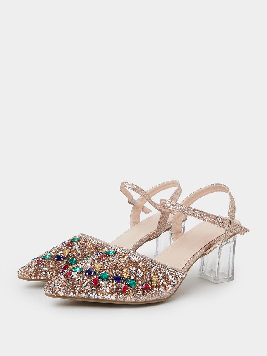 Beige Rhinestone Pointed Toe Slingback Pumps