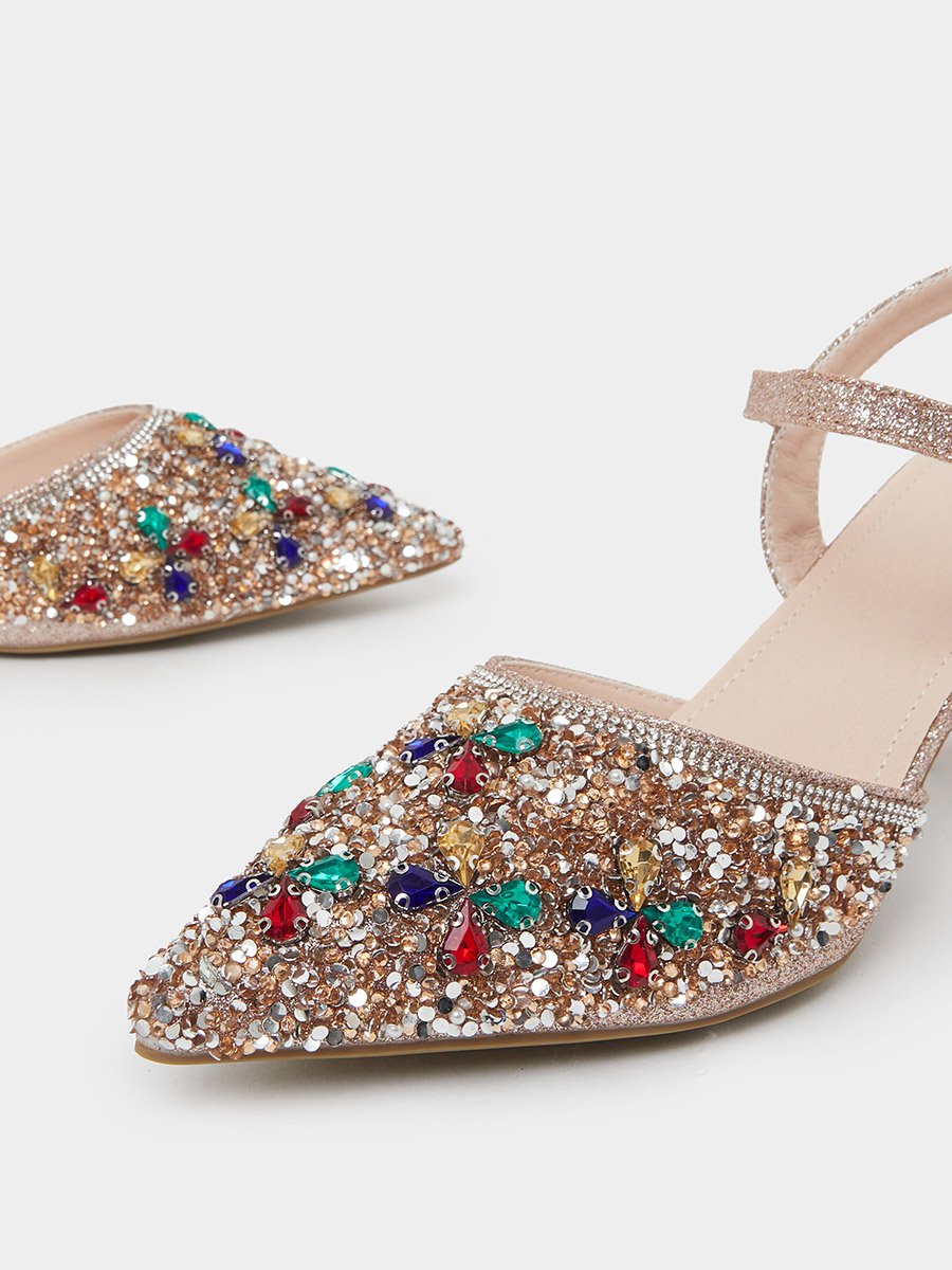 Beige Rhinestone Pointed Toe Slingback Pumps