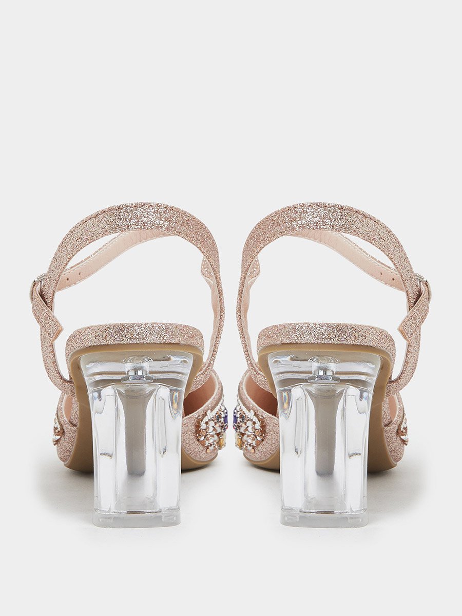 Beige Rhinestone Pointed Toe Slingback Pumps