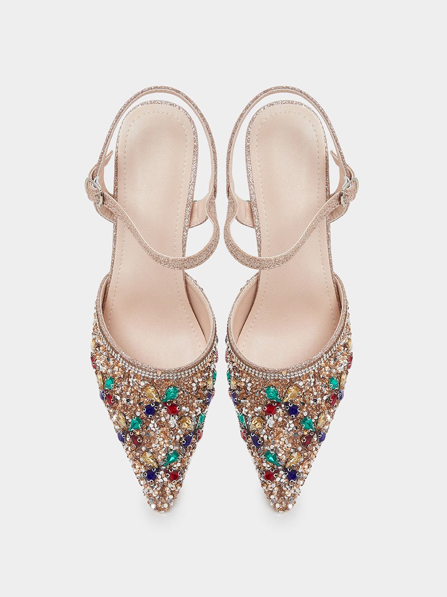 Beige Rhinestone Pointed Toe Slingback Pumps