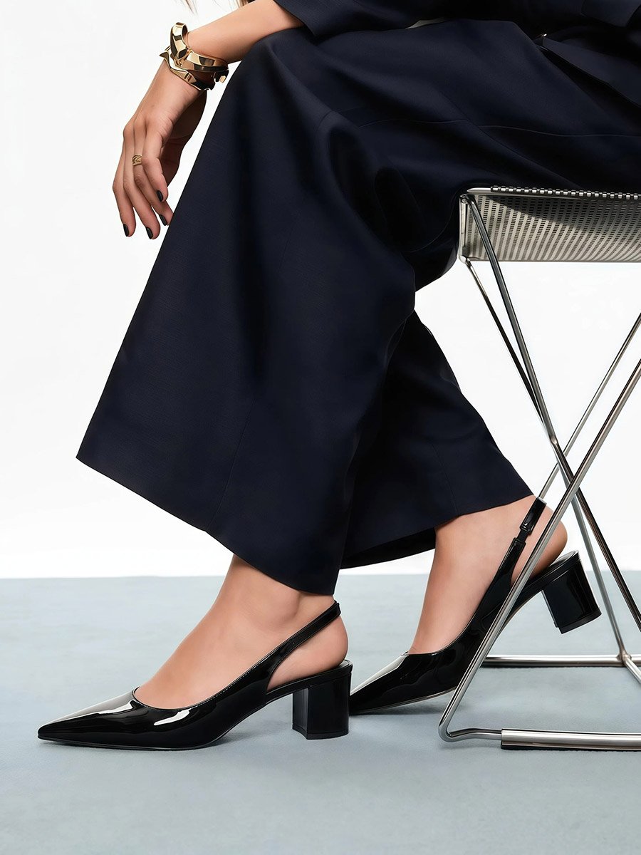 Black Pointed Toe Slingback Court Shoes