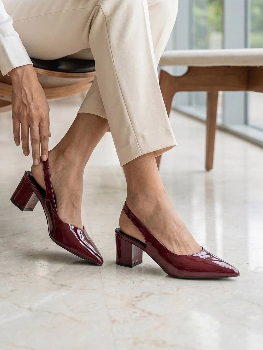 Burgundy Patent Pointed Toe Slingback Shoes
