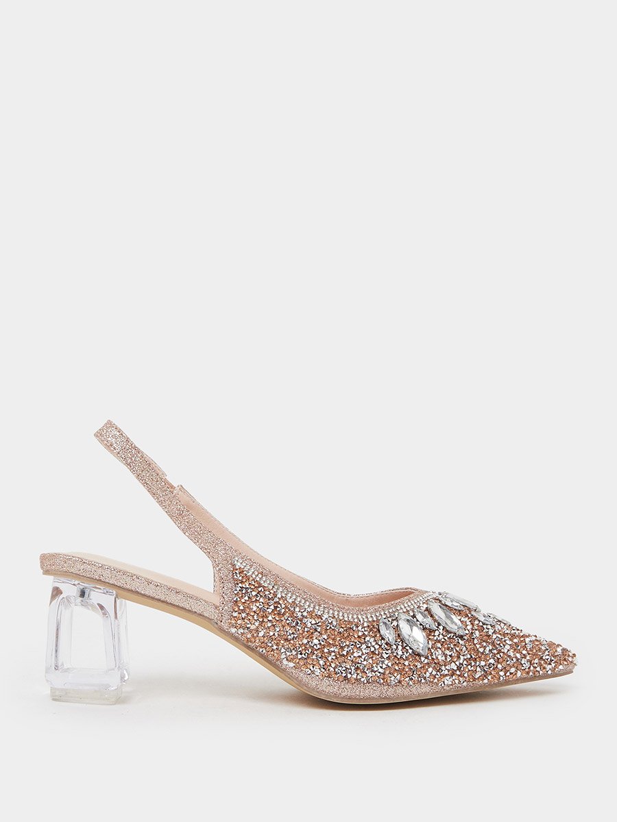 Gold Rhinestone Pointed Toe Slingback Pumps