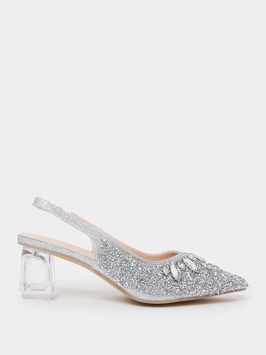 Silver Rhinestone Pointed Toe Slingback Pumps