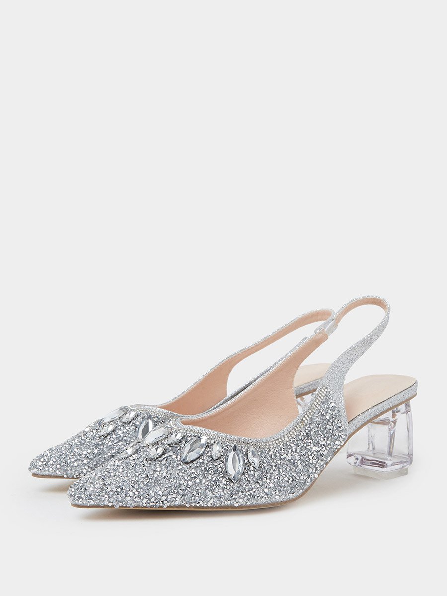 Silver Rhinestone Pointed Toe Slingback Pumps