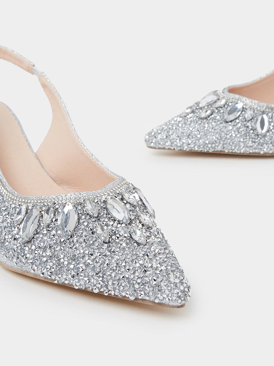 Silver Rhinestone Pointed Toe Slingback Pumps