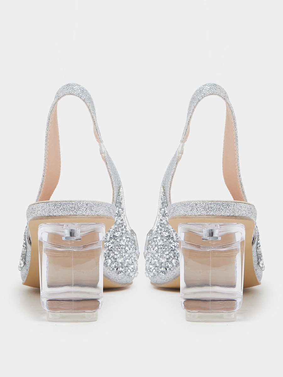Silver Rhinestone Pointed Toe Slingback Pumps