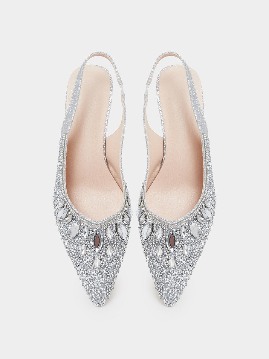 Silver Rhinestone Pointed Toe Slingback Pumps