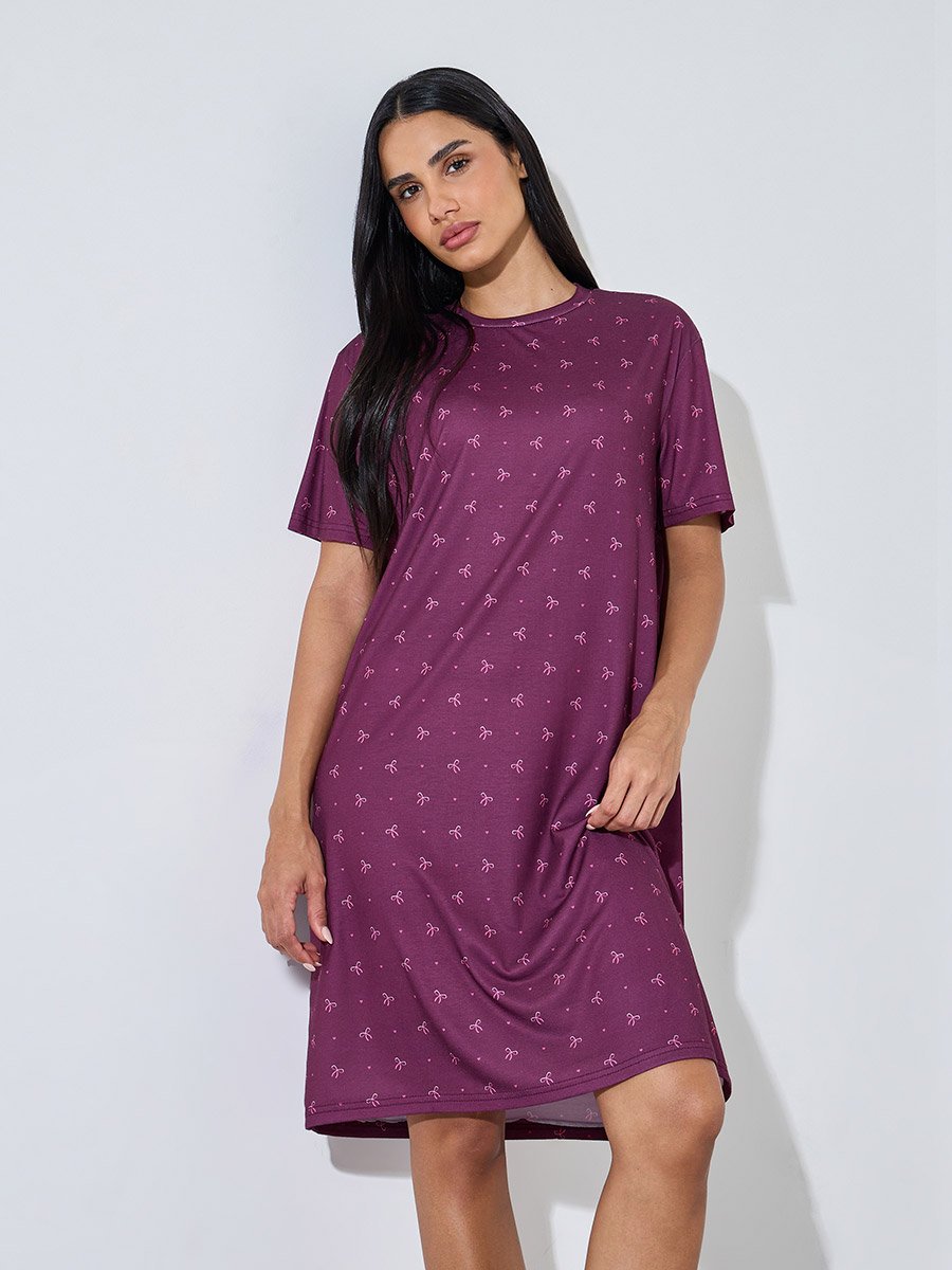 Burgundy All Over Bow and Heart Print Knee Length Sleep T-Shirt Dress