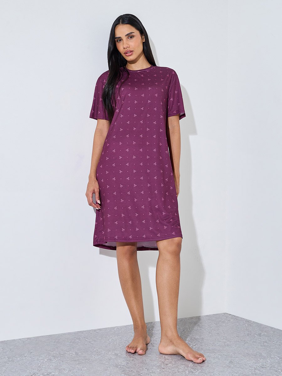 Burgundy All Over Bow and Heart Print Knee Length Sleep T-Shirt Dress