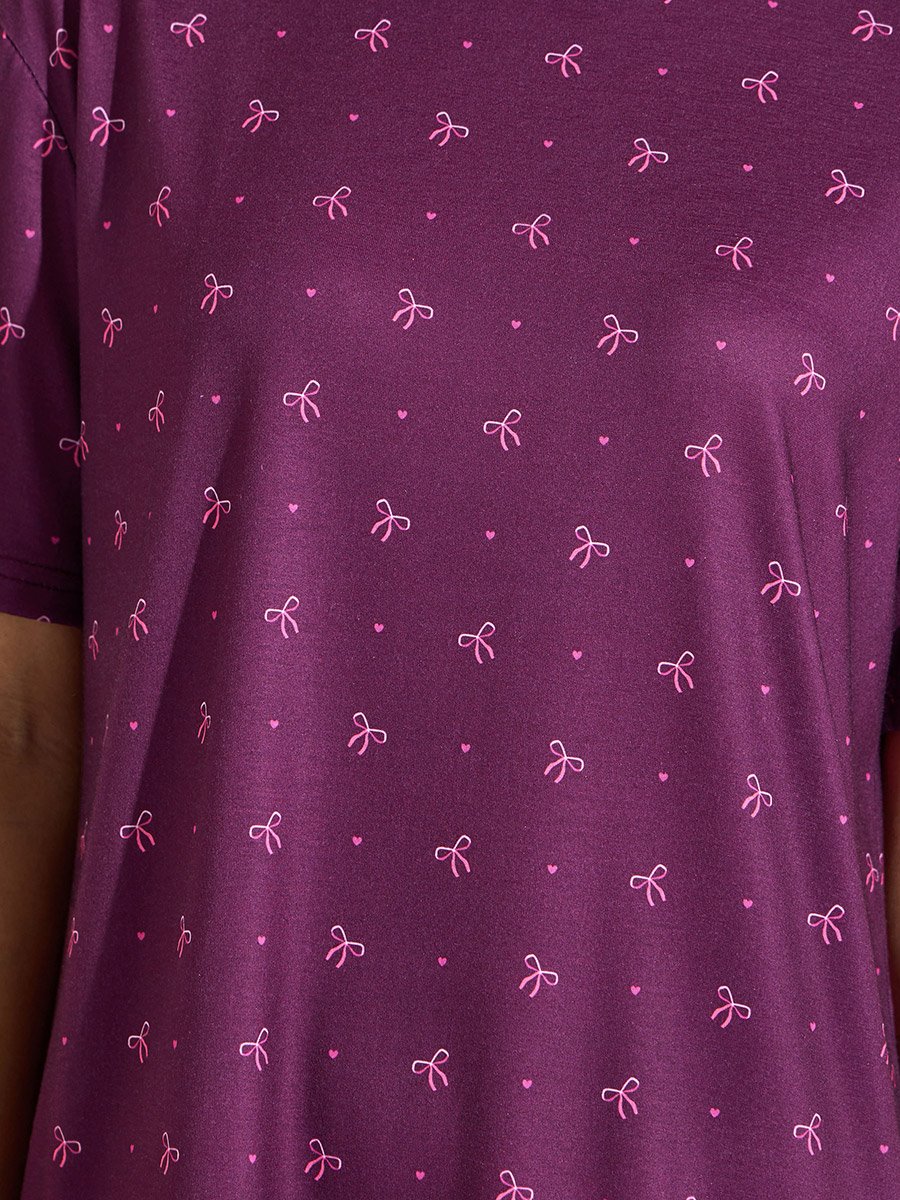 Burgundy All Over Bow and Heart Print Knee Length Sleep T-Shirt Dress