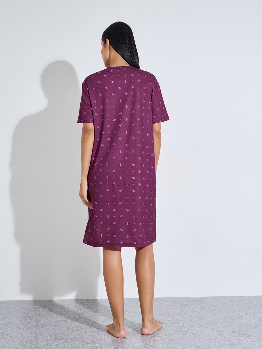 Burgundy All Over Bow and Heart Print Knee Length Sleep T-Shirt Dress