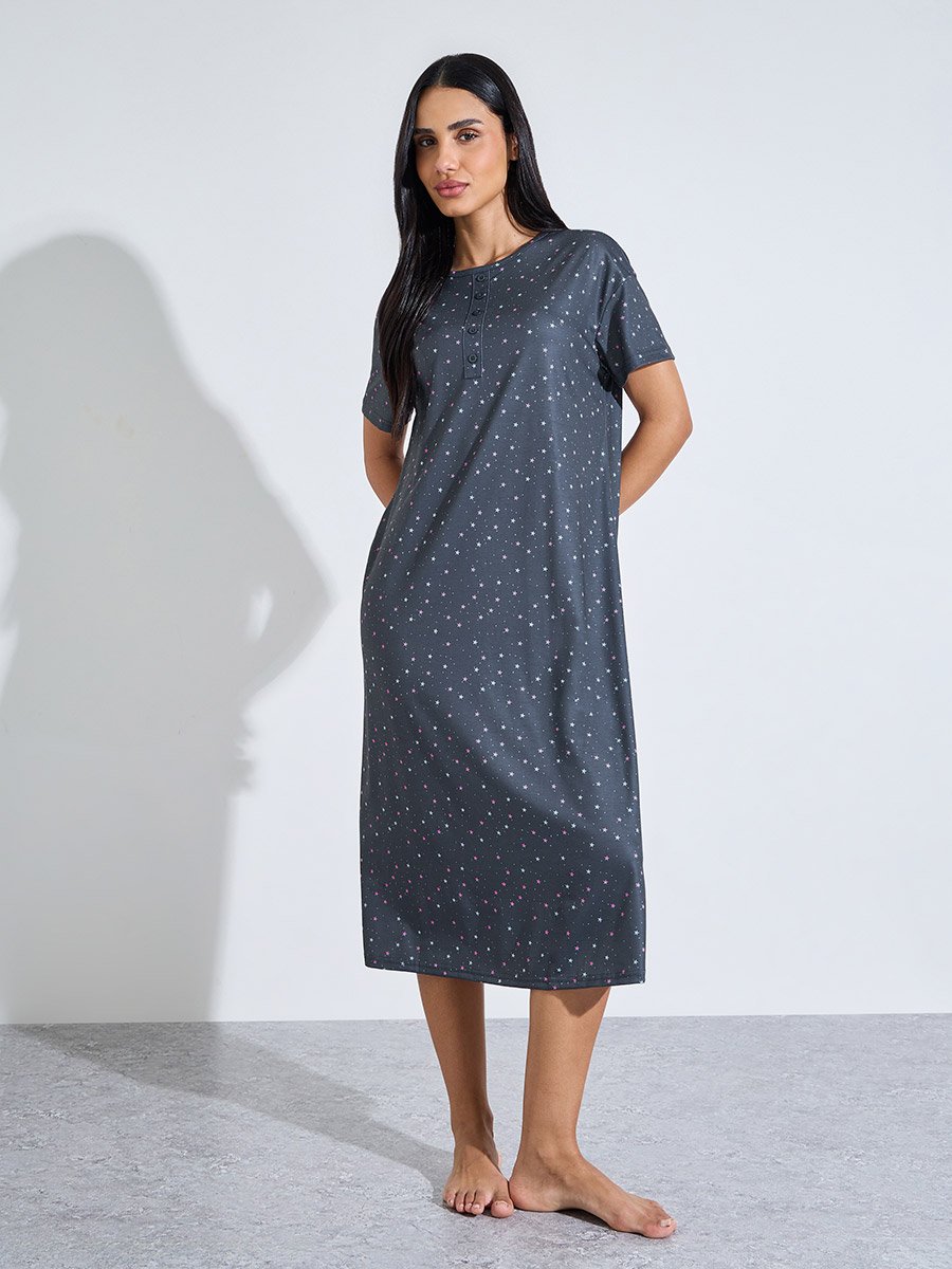 Charcoal All Over Star Print Short Sleeve Sleep T-Shirt Nightdress