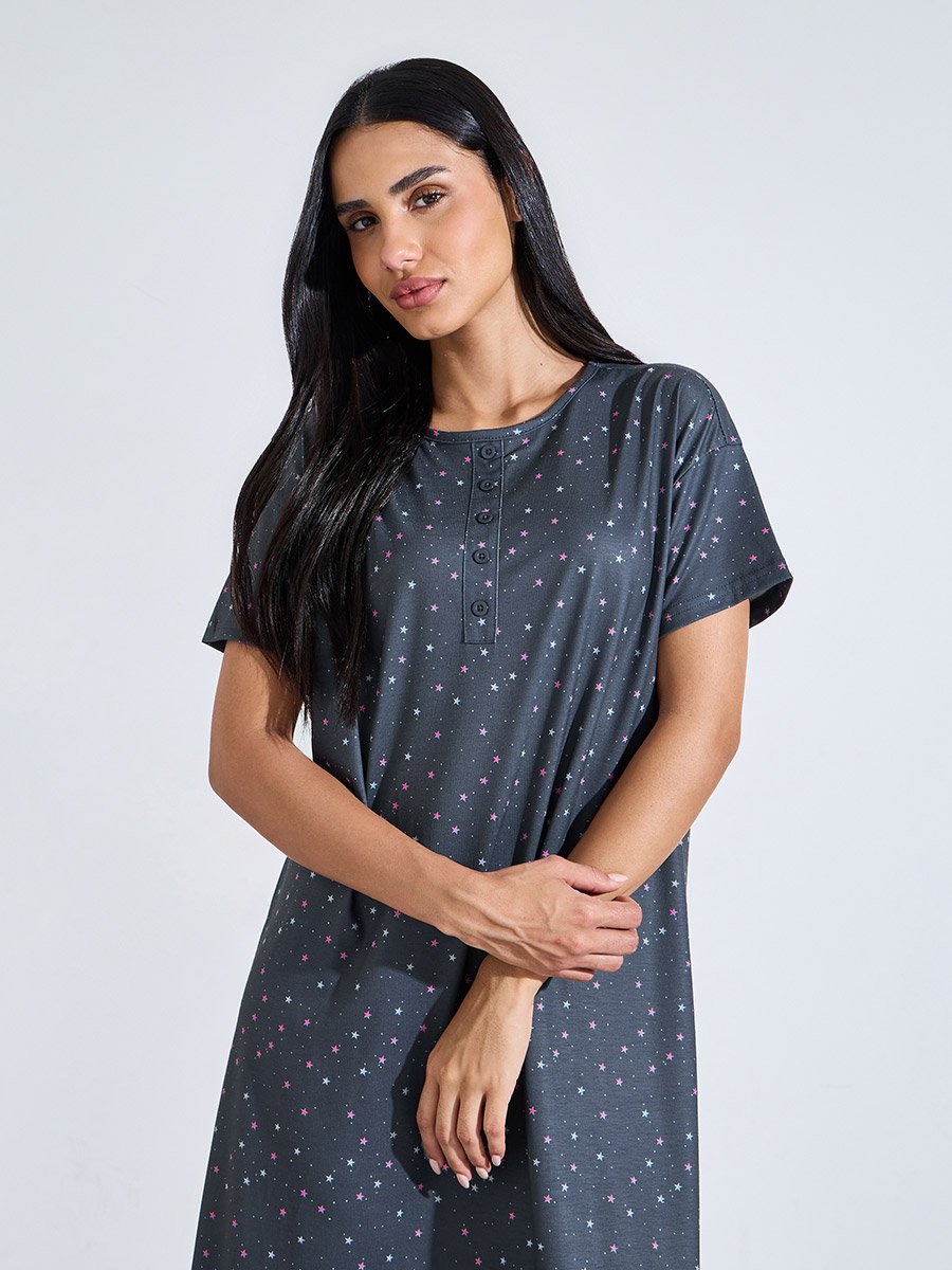 Charcoal All Over Star Print Short Sleeve Sleep T-Shirt Nightdress