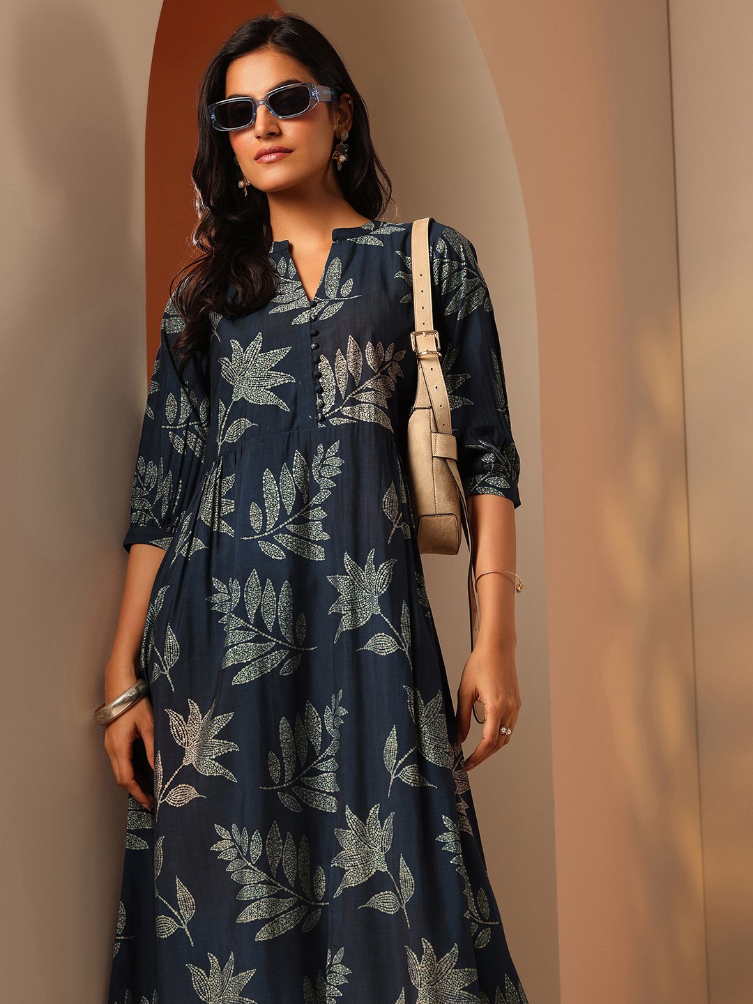 Blue Printed Silk Blend A-Line Maxi Dress