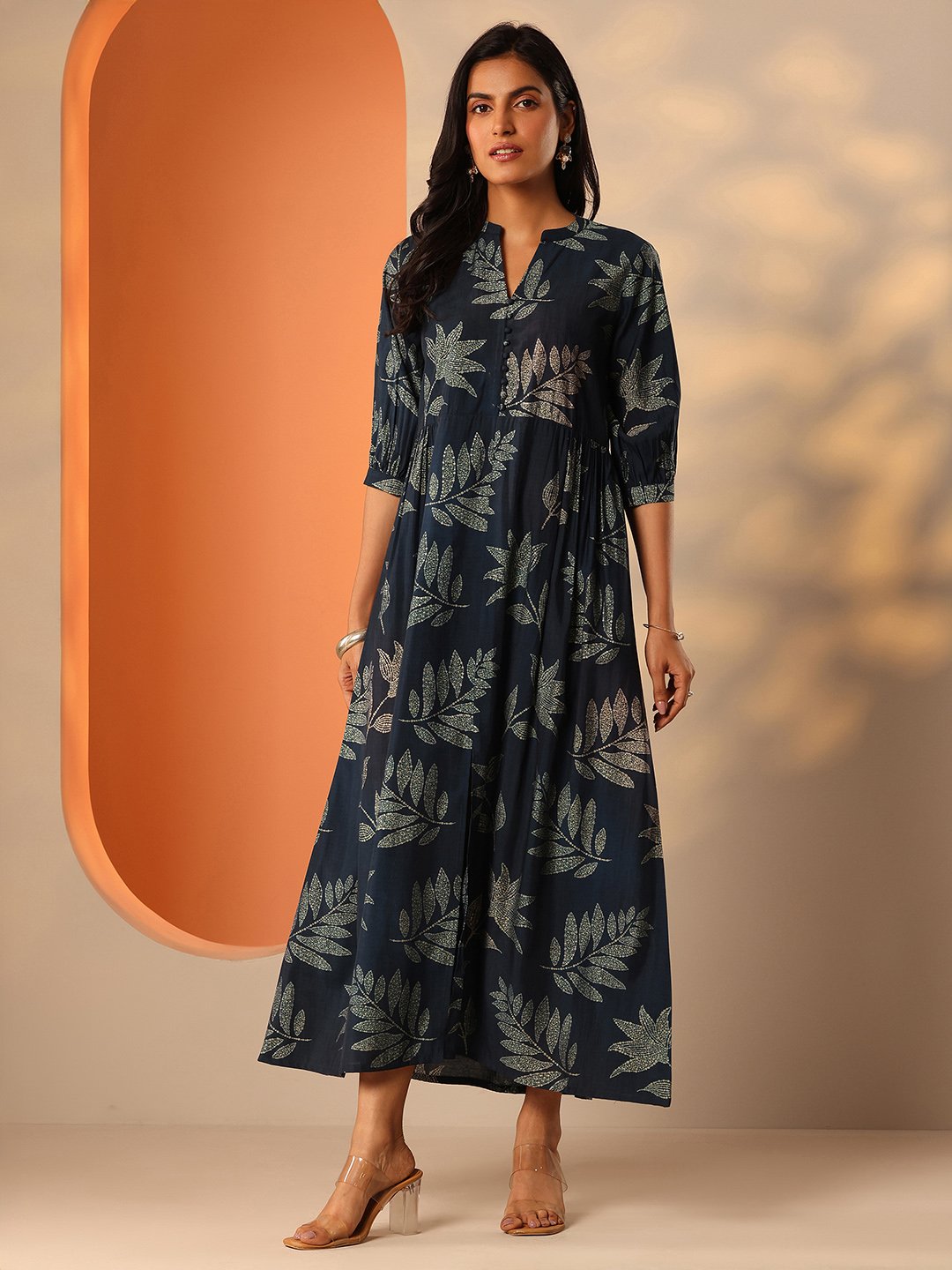 Blue Printed Silk Blend A-Line Maxi Dress