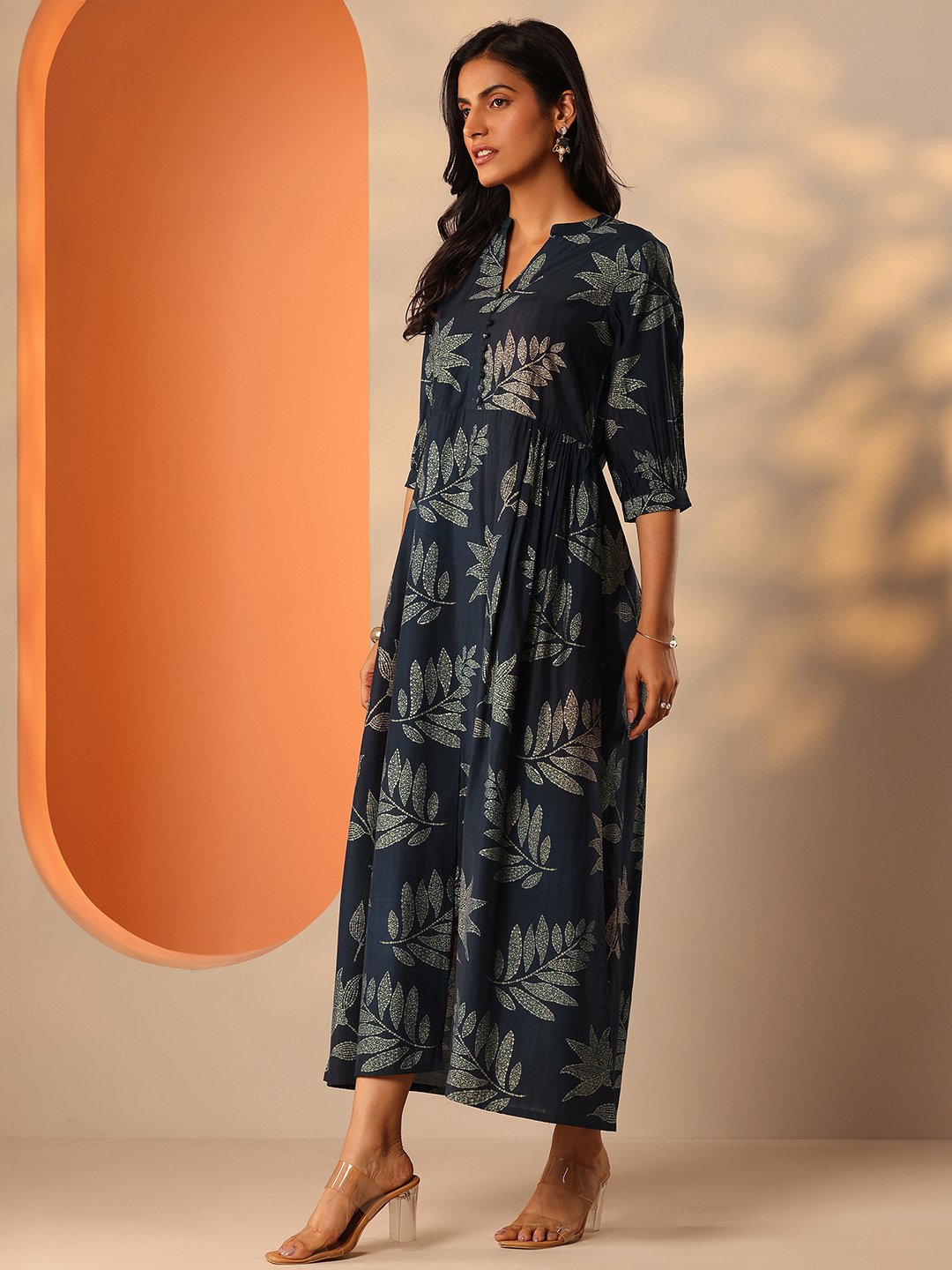 Blue Printed Silk Blend A-Line Maxi Dress