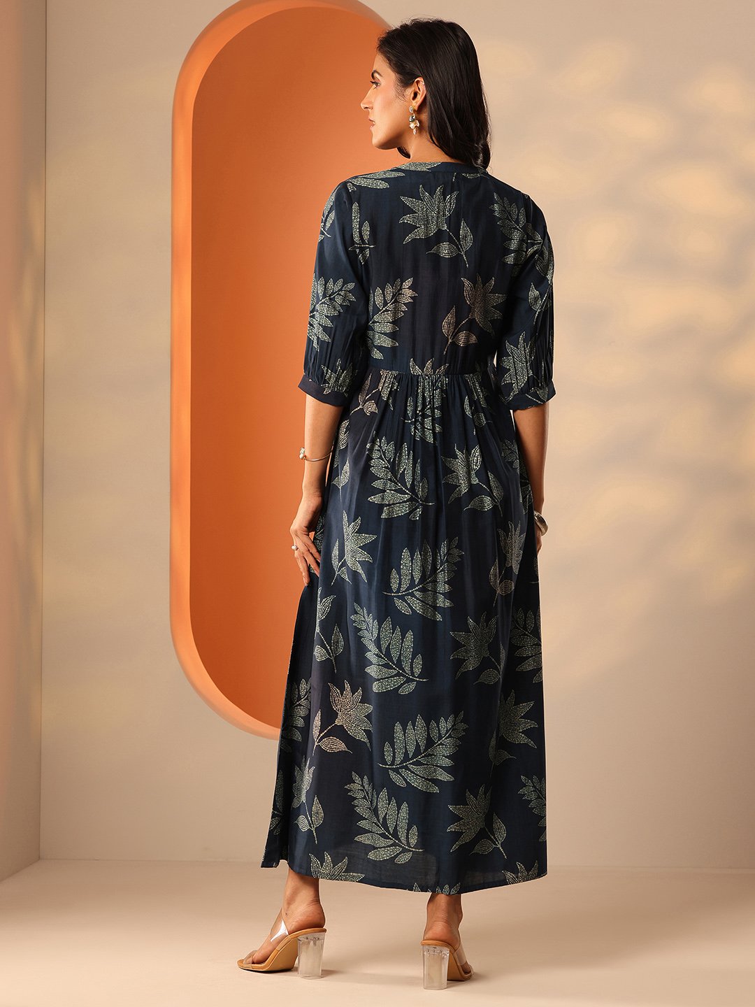 Blue Printed Silk Blend A-Line Maxi Dress