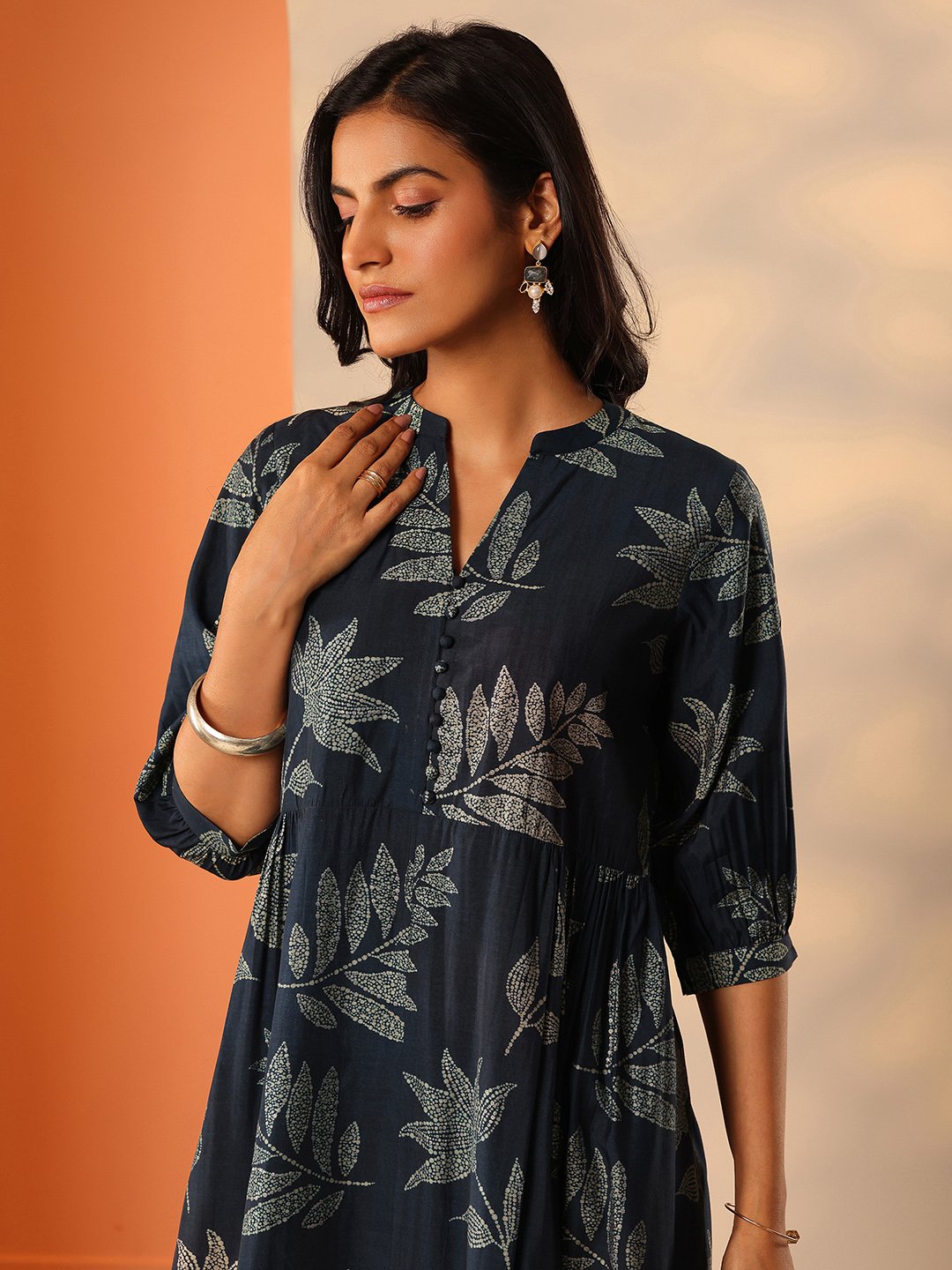Blue Printed Silk Blend A-Line Maxi Dress