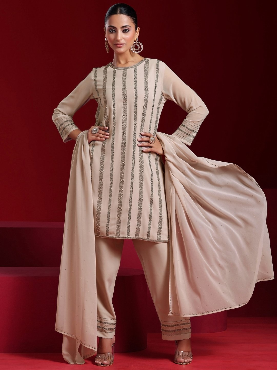 Taupe Printed Georgette Straight Kurta, Palazzo and Dupatta Set