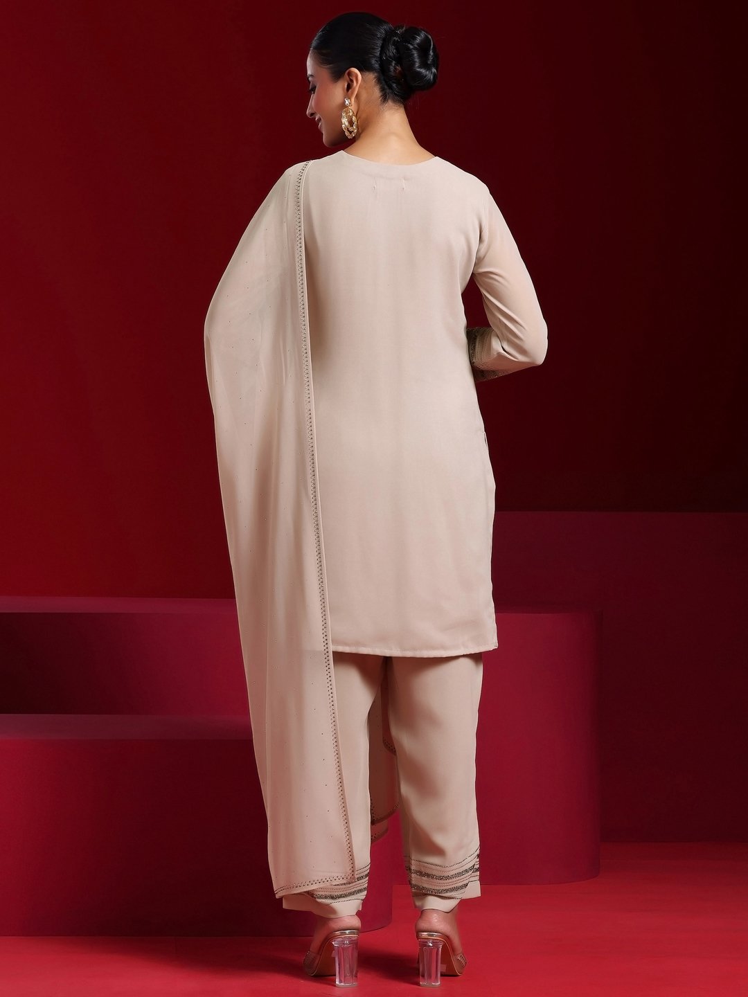Taupe Printed Georgette Straight Kurta, Palazzo and Dupatta Set