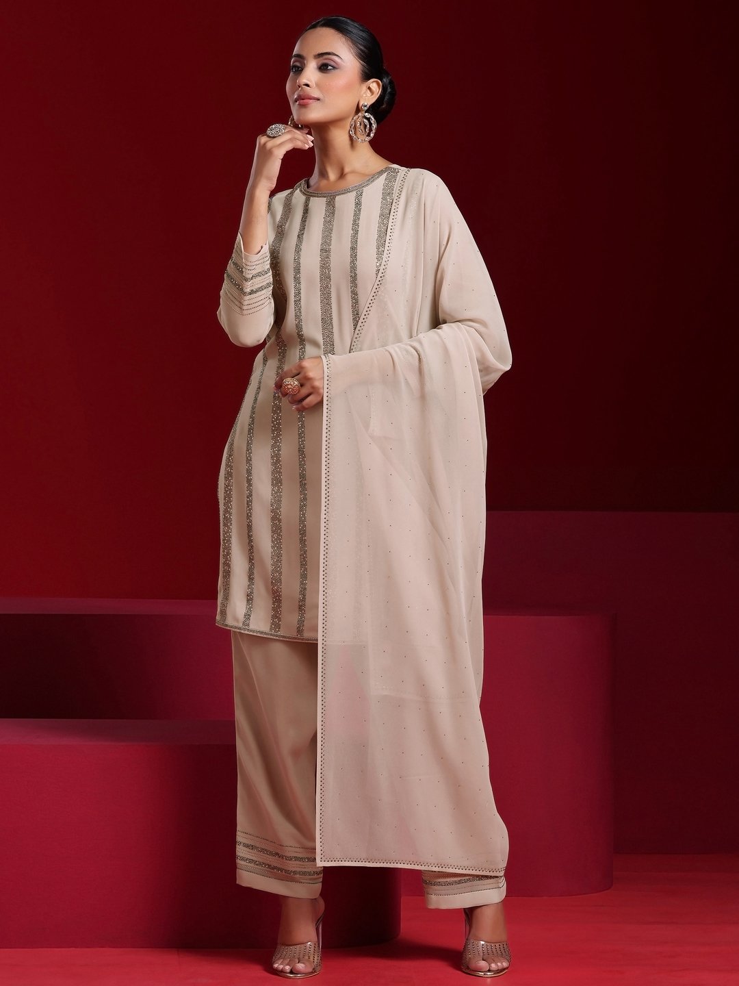 Taupe Printed Georgette Straight Kurta, Palazzo and Dupatta Set
