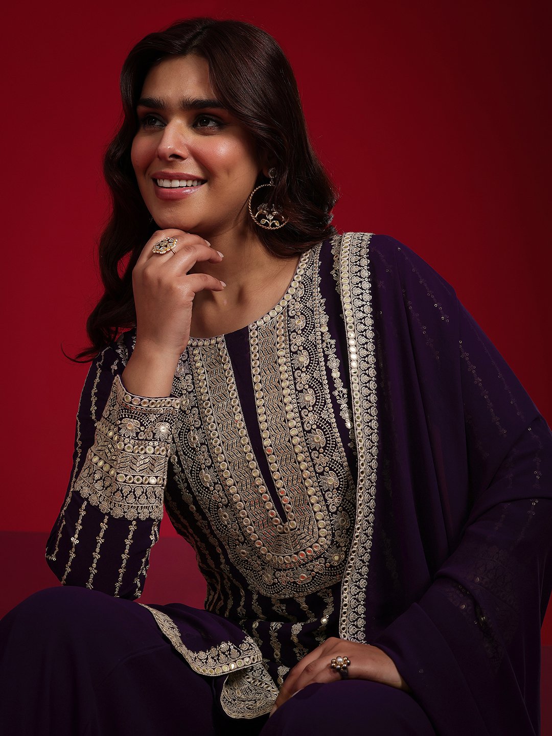 Purple Embroidered Georgette A-Line Kurta,Palazzo and Dupatta Set
