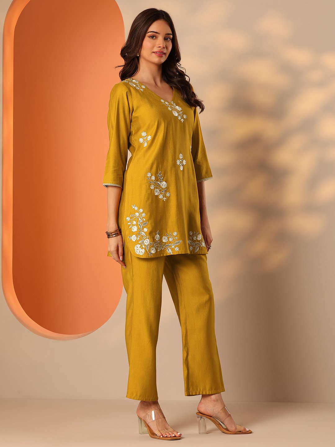 Mustard Embroidered Silk Blend Co-Ords Set