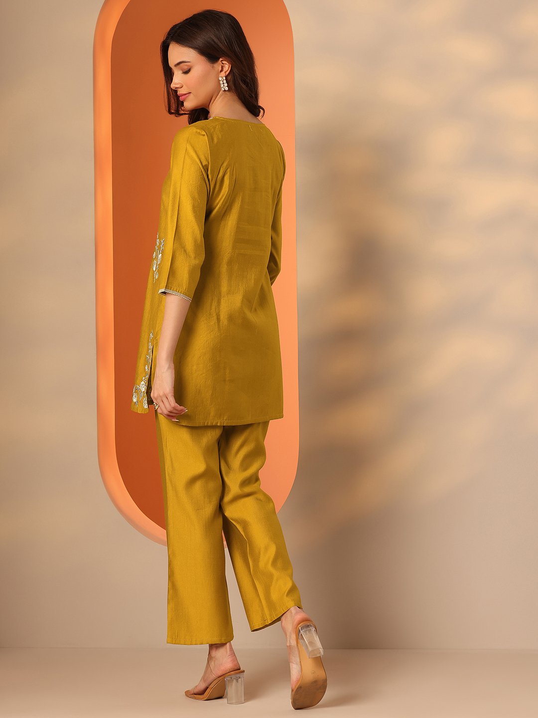 Mustard Embroidered Silk Blend Co-Ords Set