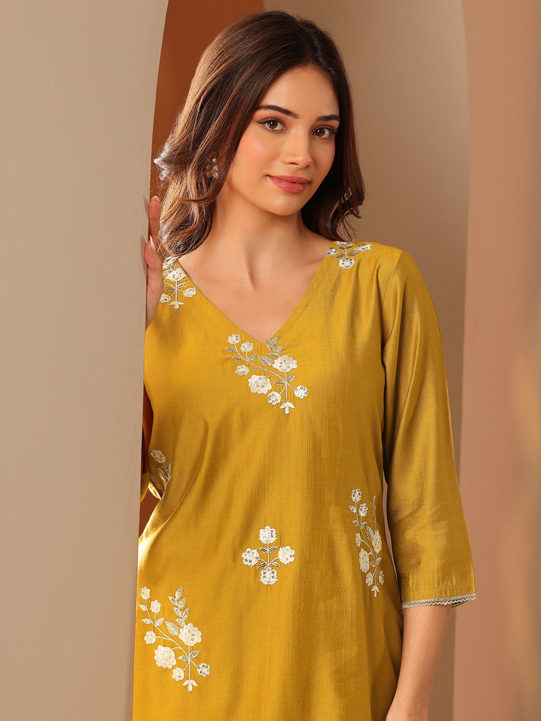 Mustard Embroidered Silk Blend Co-Ords Set