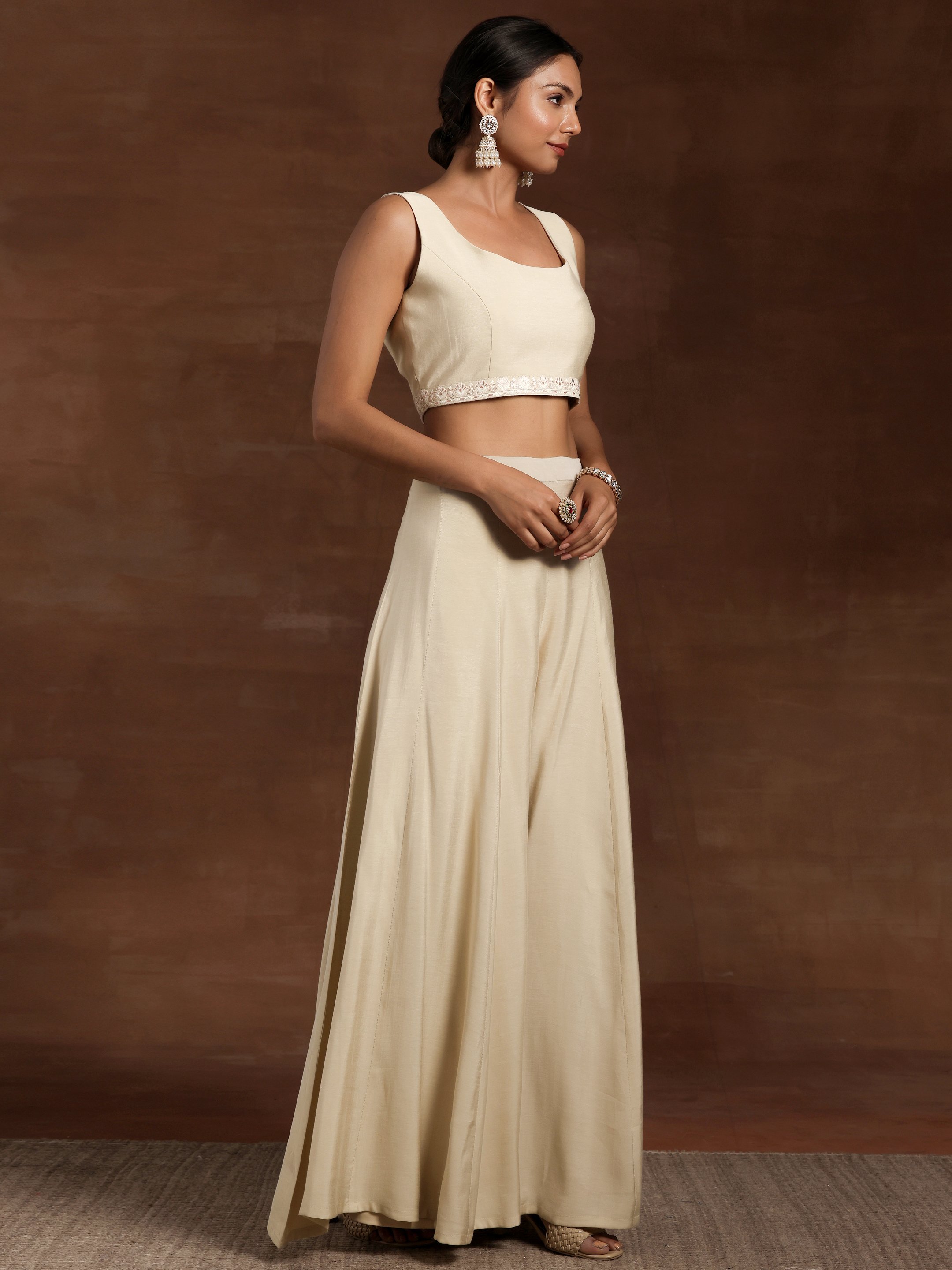 Beige Solid Silk Blend Co-Ords Set