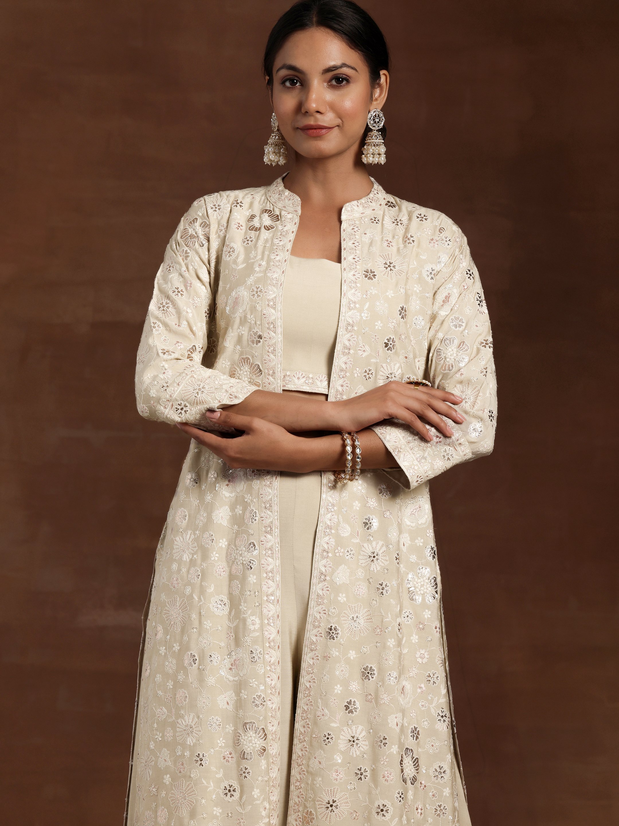 Beige Solid Silk Blend Co-Ords Set