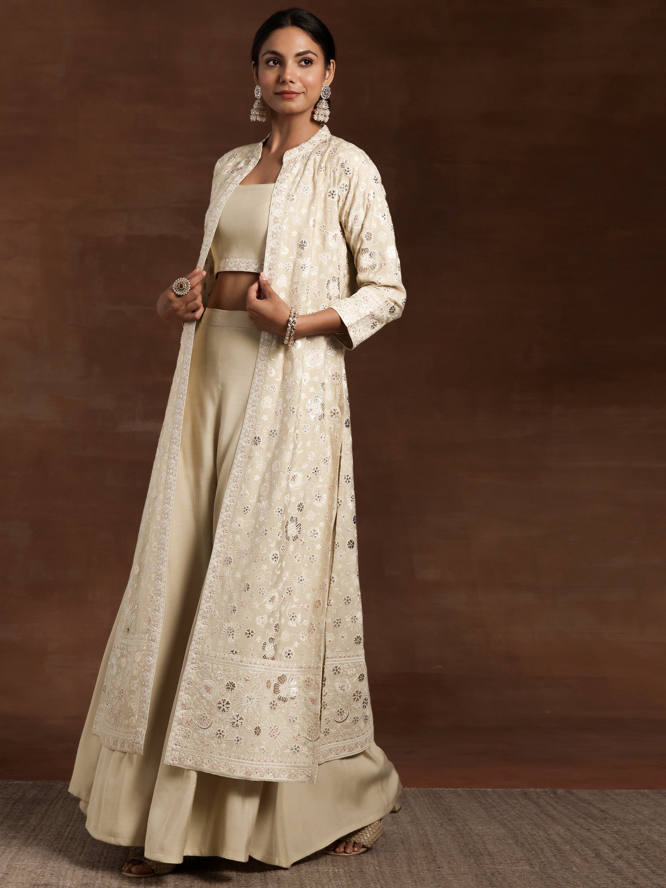 Beige Solid Silk Blend Co-Ords Set