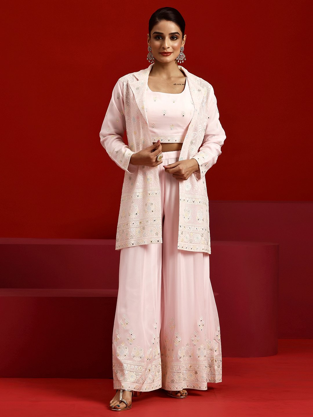 Peach Embroidered Georgette Co-Ords Set