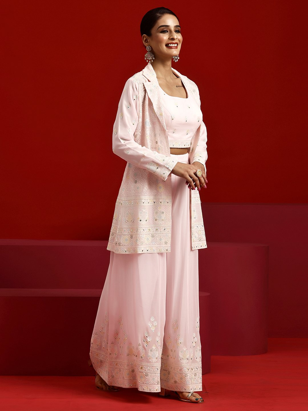 Peach Embroidered Georgette Co-Ords Set