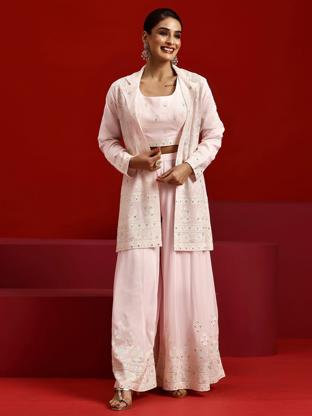 Peach Embroidered Georgette Co-Ords Set