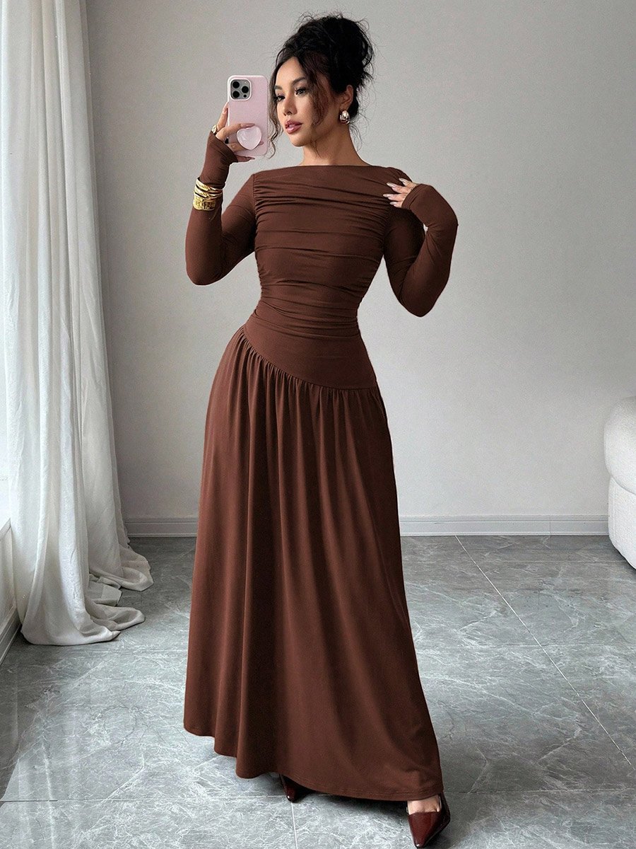 Brown Ruched A-Line Maxi Dress