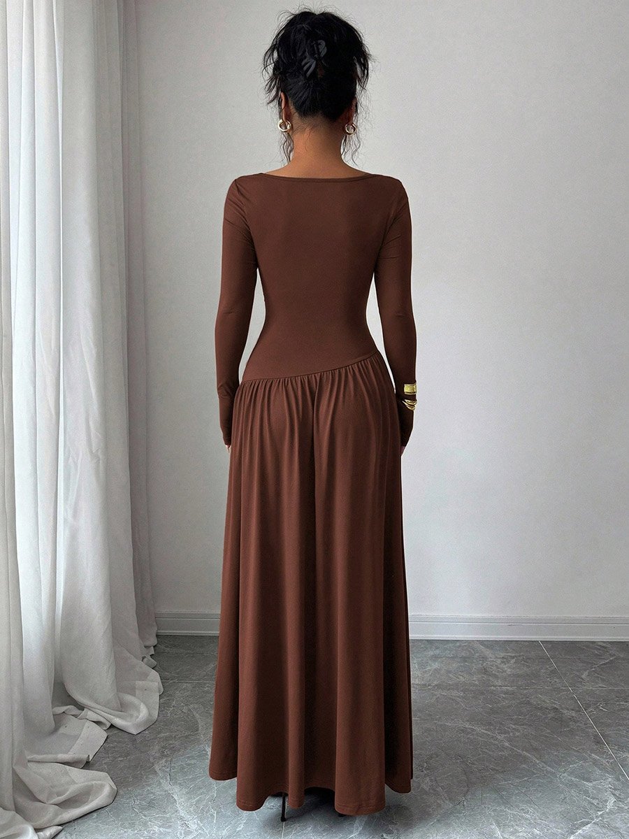 Brown Ruched A-Line Maxi Dress
