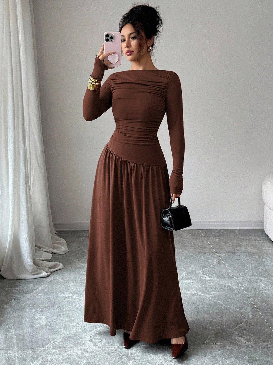 Brown Ruched A-Line Maxi Dress