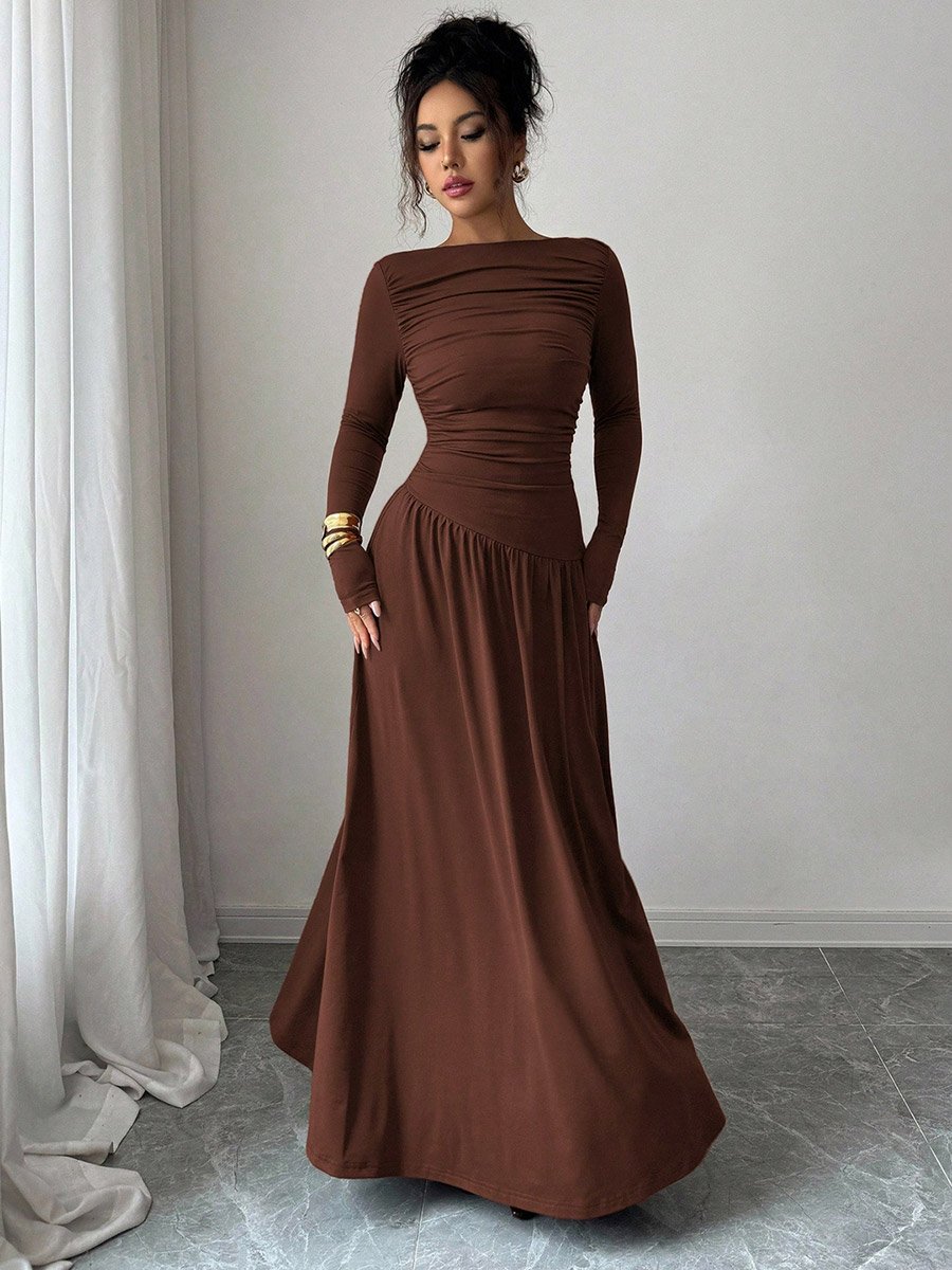 Brown Ruched A-Line Maxi Dress