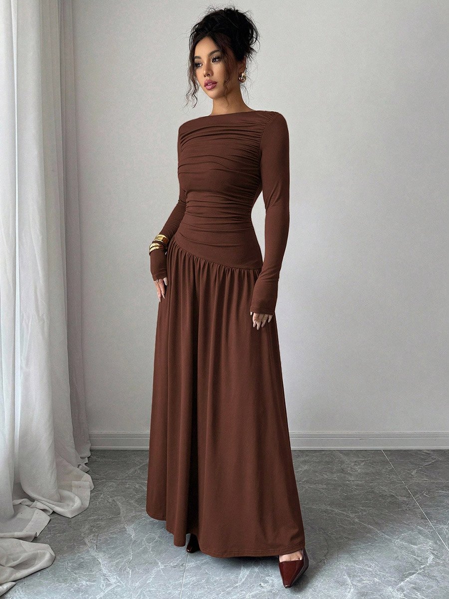 Brown Ruched A-Line Maxi Dress