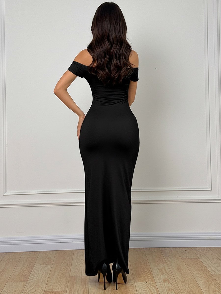 Black Off Shoulder Mermaid Hem Midi Dress