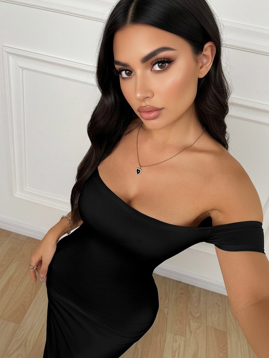 Black Off Shoulder Mermaid Hem Midi Dress