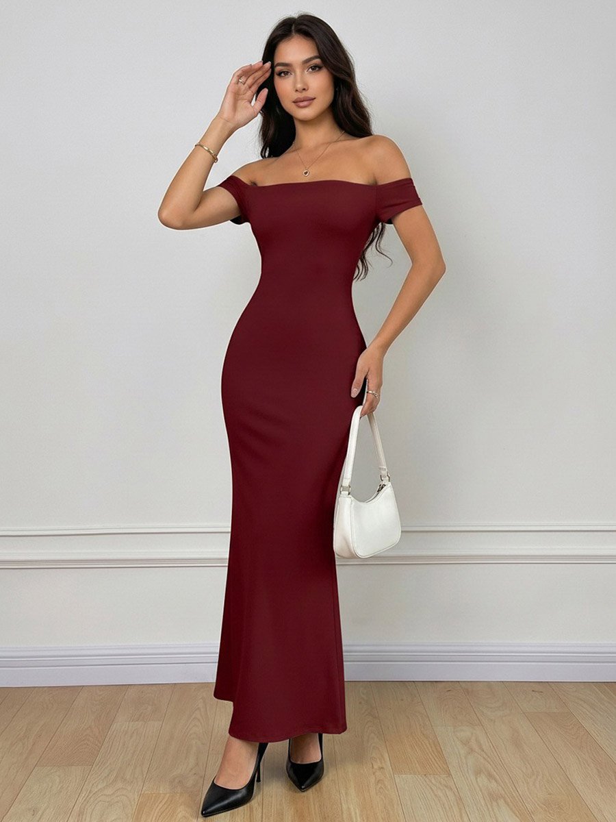 Red Off Shoulder Mermaid Hem Midi Dress